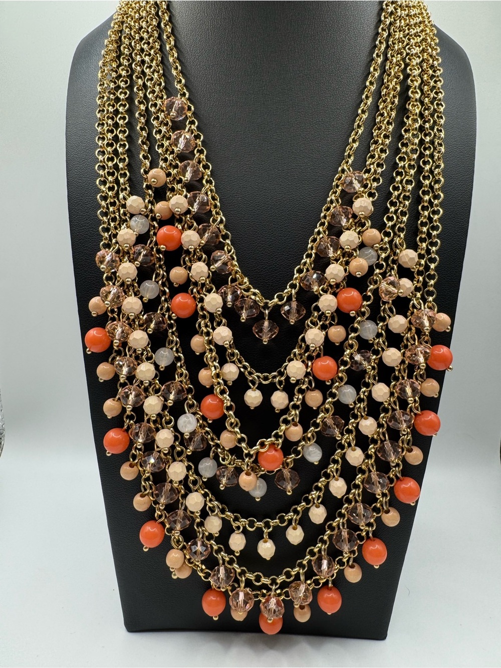 Gold Multi-Strand Beaded Statement Necklace - Orange & Beige